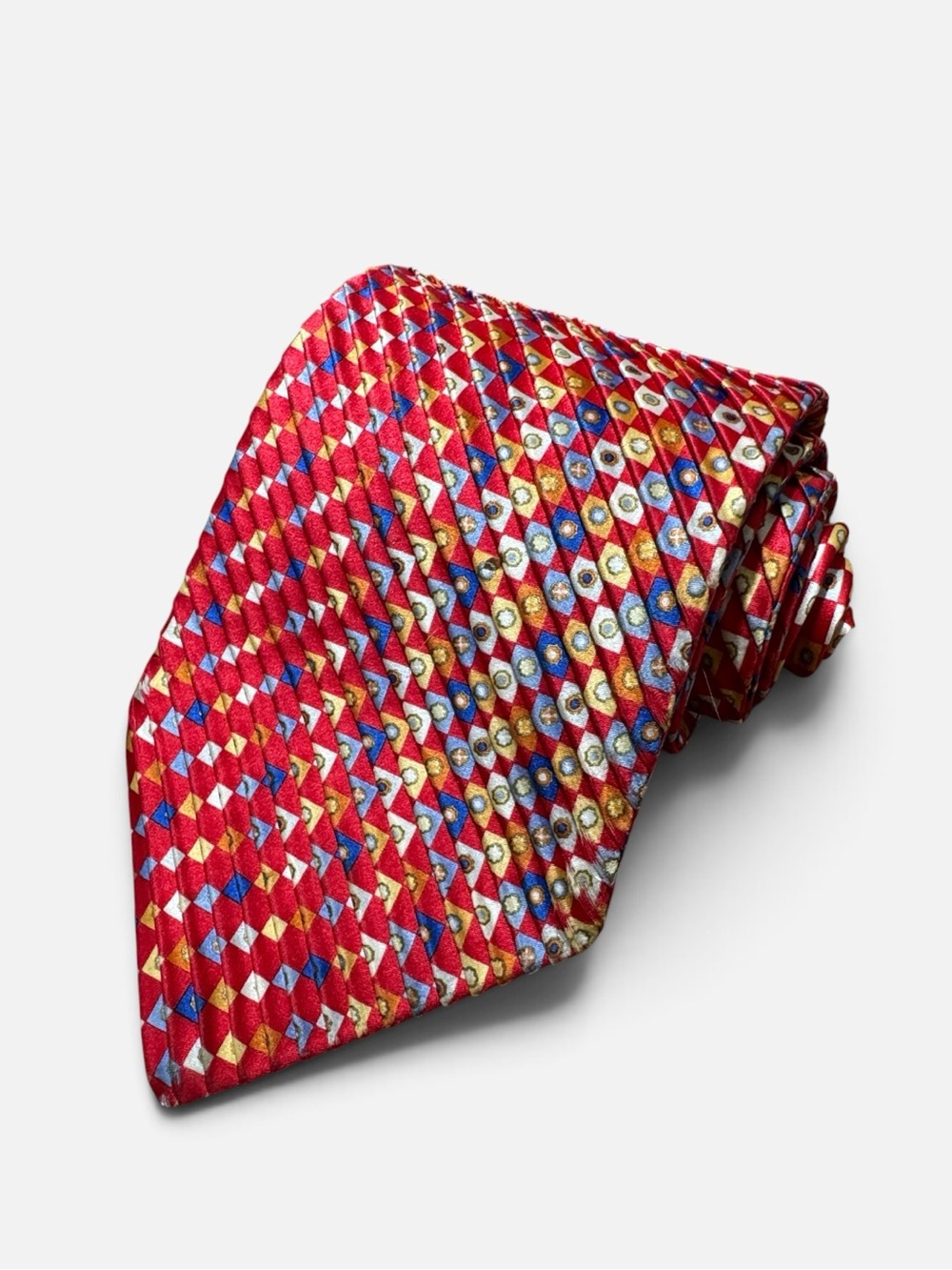 Stefano Ricci mens red geometric pattern 100% silk pleated neck tie EUC